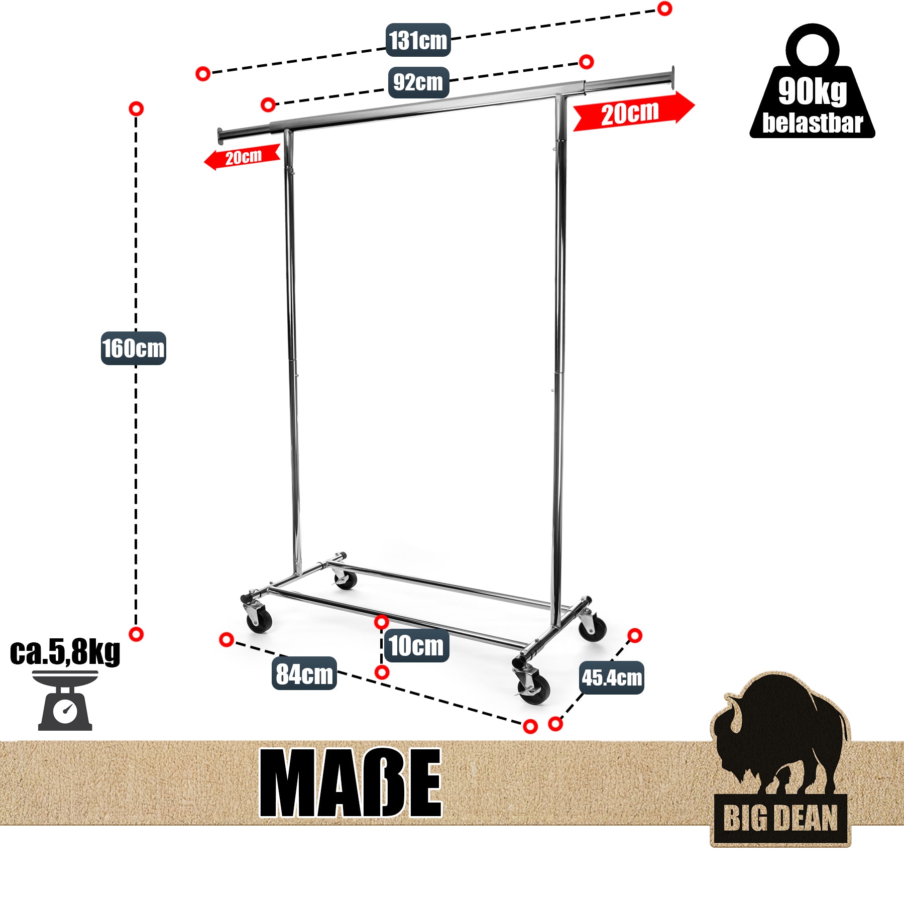 BigDean Kleiderständer auf Rollen 90kg belastbar ausziehbare Kleiderstange Kleiderständer  3