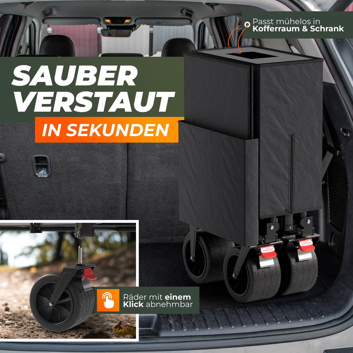 BigDean XXL Bollerwagen faltbar mit Dach 260L 150kg belastbar robuster Bollerwagen faltbar extra breite Reifen für jedes Gelände image 6