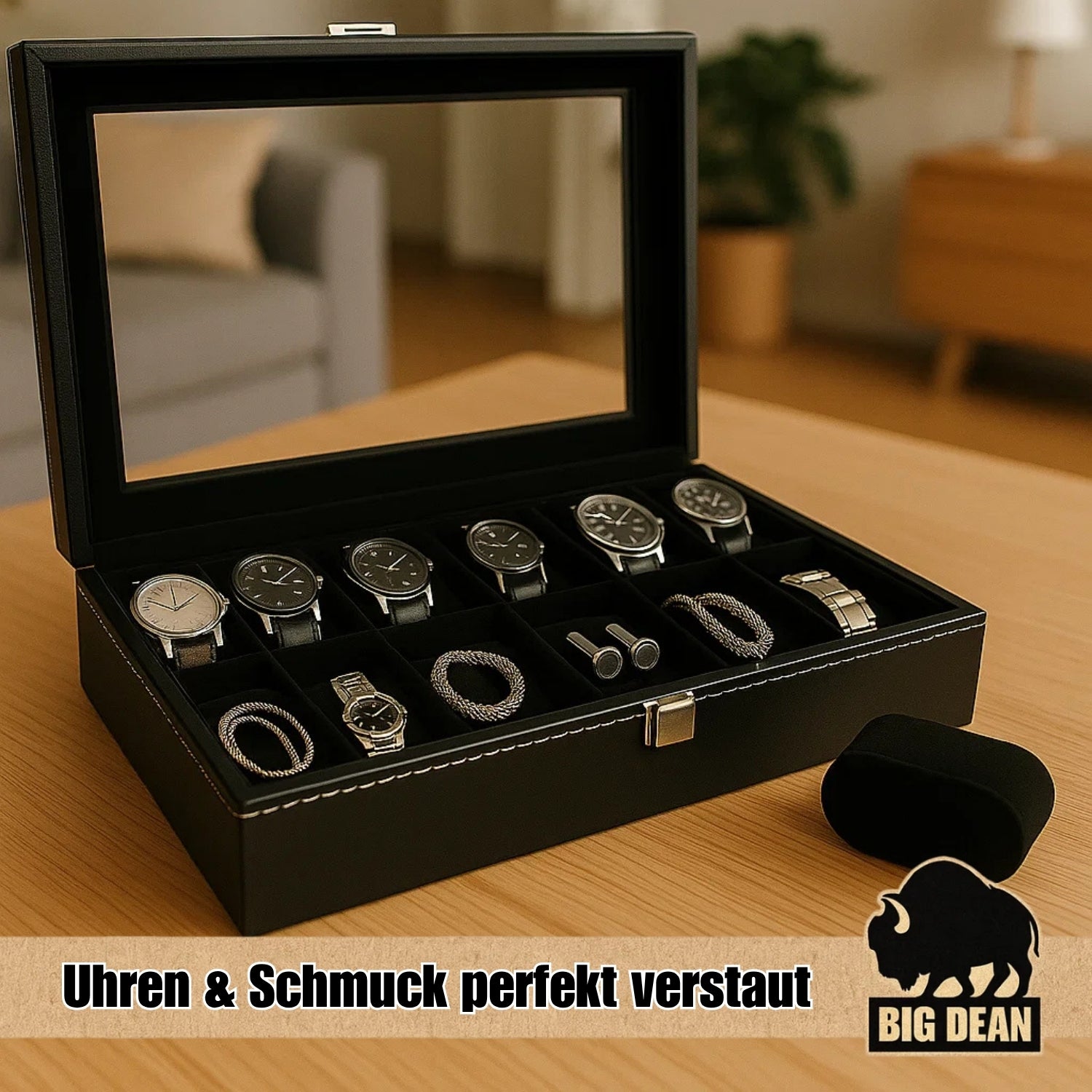 BigDean Uhrenbox für 12 Uhren Glasdeckel - schicke Uhrenbox Herren Watch Box Uhrenaufbewahrung 2