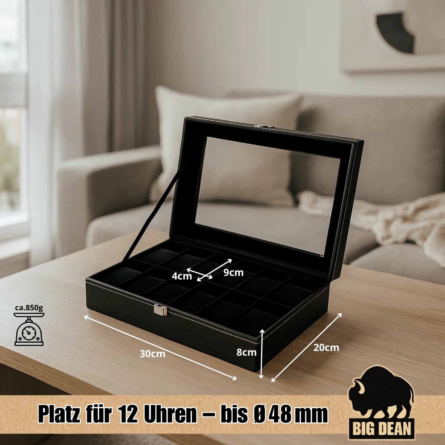 BigDean Uhrenbox für 12 Uhren Glasdeckel - schicke Uhrenbox Herren Watch Box Uhrenaufbewahrung 3