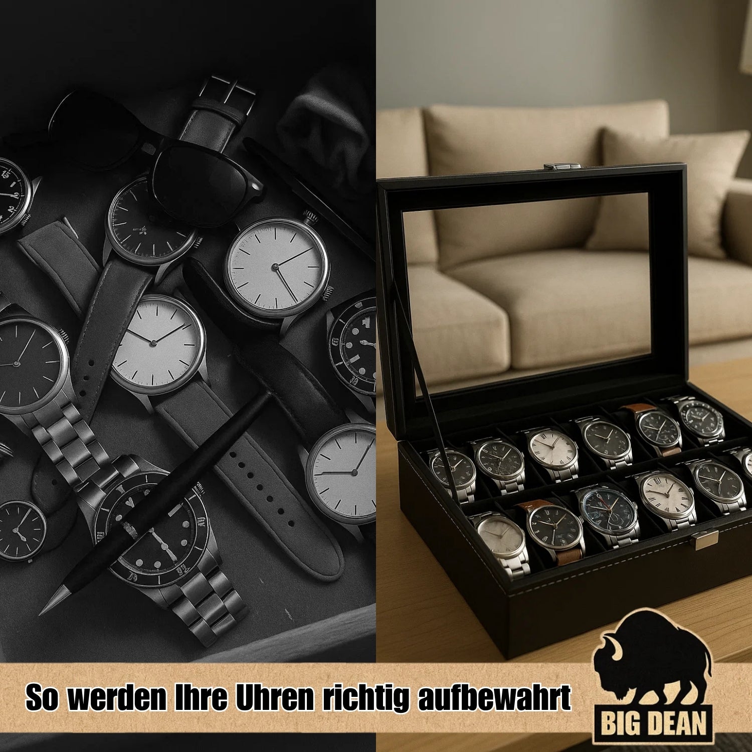 BigDean Uhrenbox für 12 Uhren Glasdeckel - schicke Uhrenbox Herren Watch Box Uhrenaufbewahrung 4