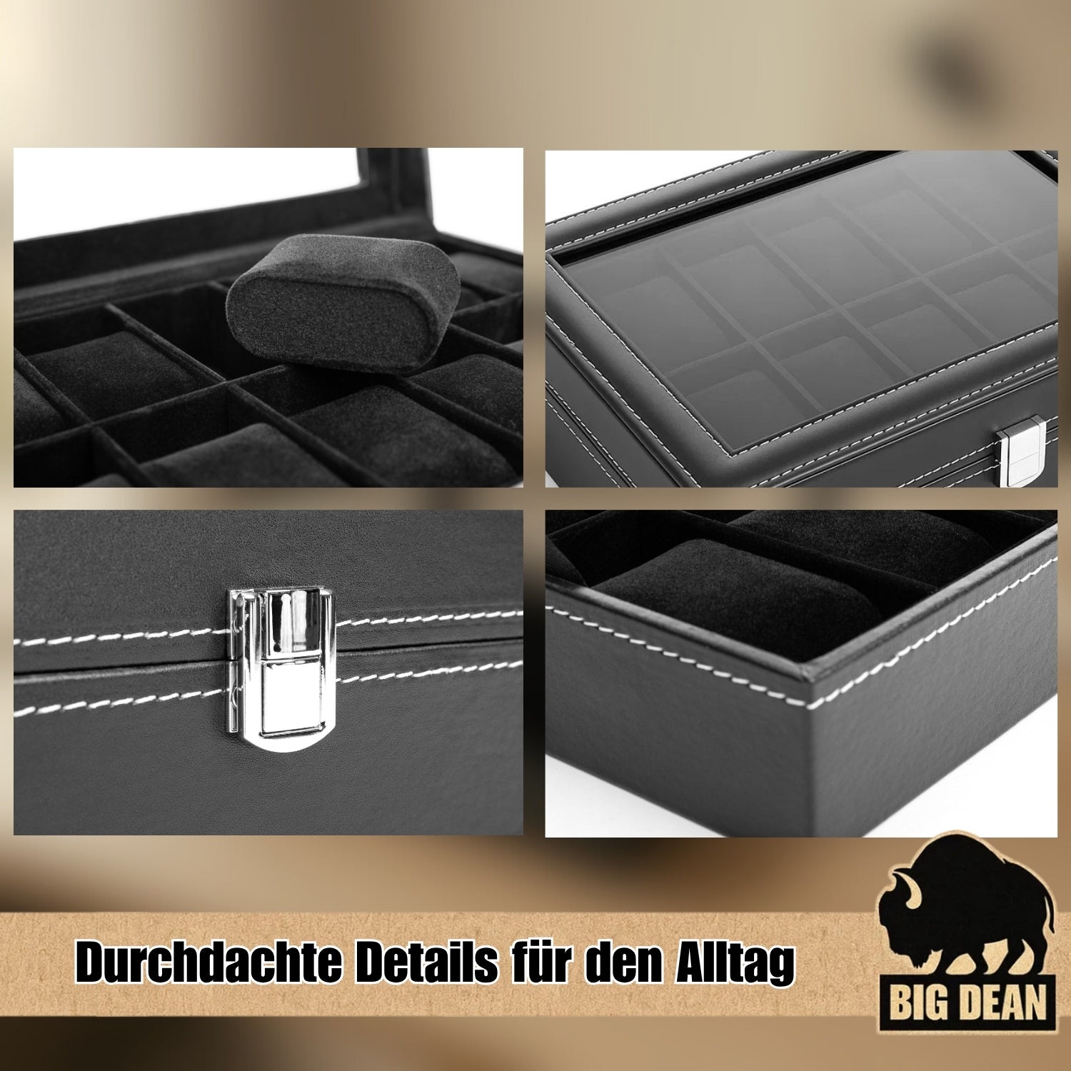 BigDean Uhrenbox für 12 Uhren Glasdeckel - schicke Uhrenbox Herren Watch Box Uhrenaufbewahrung 5