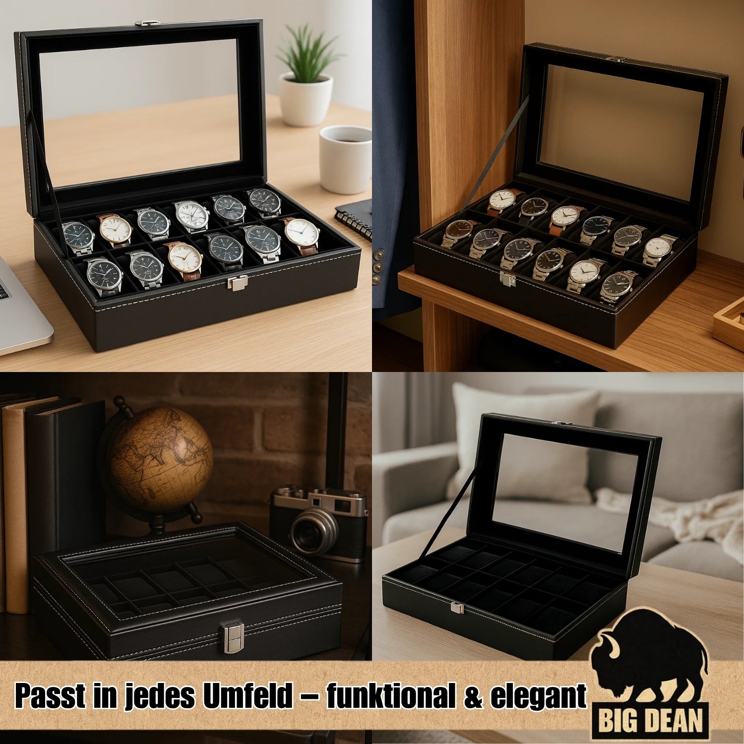BigDean Uhrenbox für 12 Uhren Glasdeckel - schicke Uhrenbox Herren Watch Box Uhrenaufbewahrung 6