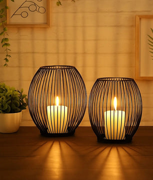 Deko Kerzenständer 2er Set oval - Kerzenhalter Metall Schwarz