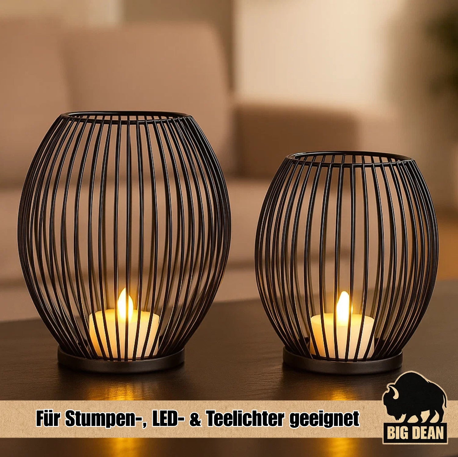 Deko Kerzenständer 2er Set oval - Kerzenhalter Metall Schwarz 6