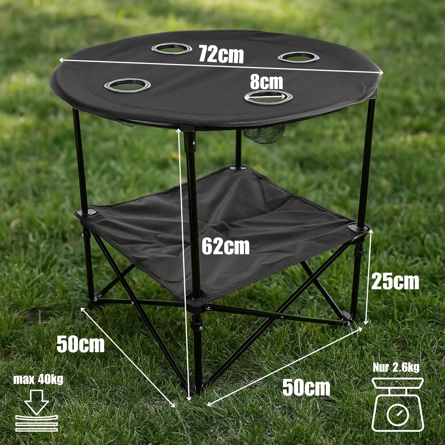 BigDean Campingtisch faltbar 4 Getränkehalter 2fache Ablage Camping Tisch Campingtisch klein inkl. T 3