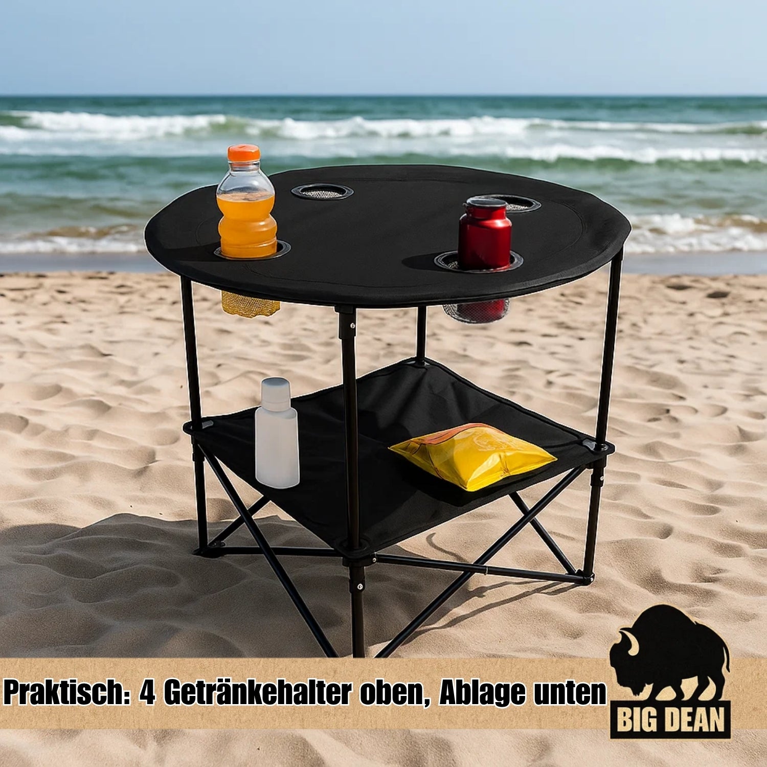 BigDean Campingtisch faltbar 4 Getränkehalter 2fache Ablage Camping Tisch Campingtisch klein inkl. T 4