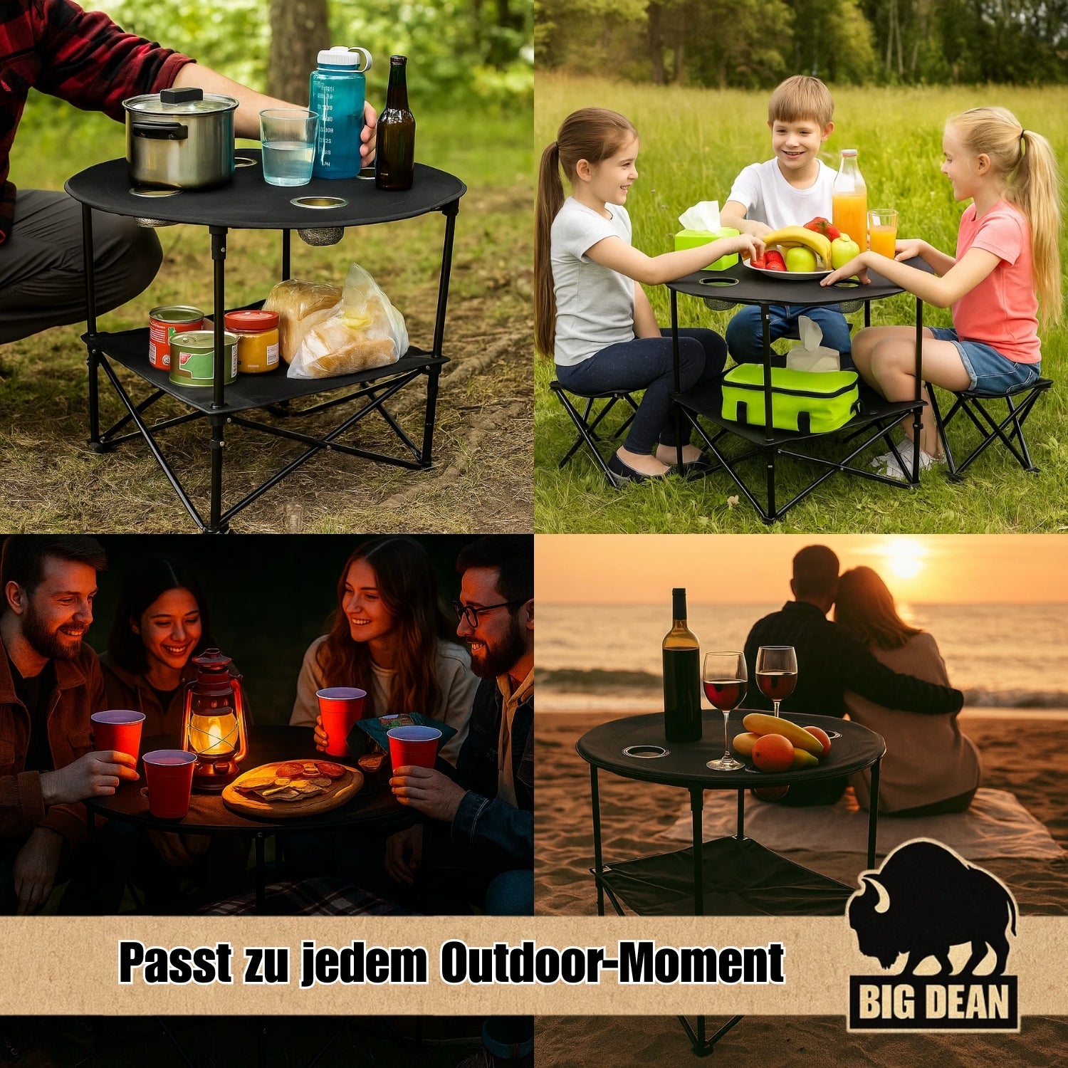BigDean Campingtisch faltbar 4 Getränkehalter 2fache Ablage Camping Tisch Campingtisch klein inkl. T 5