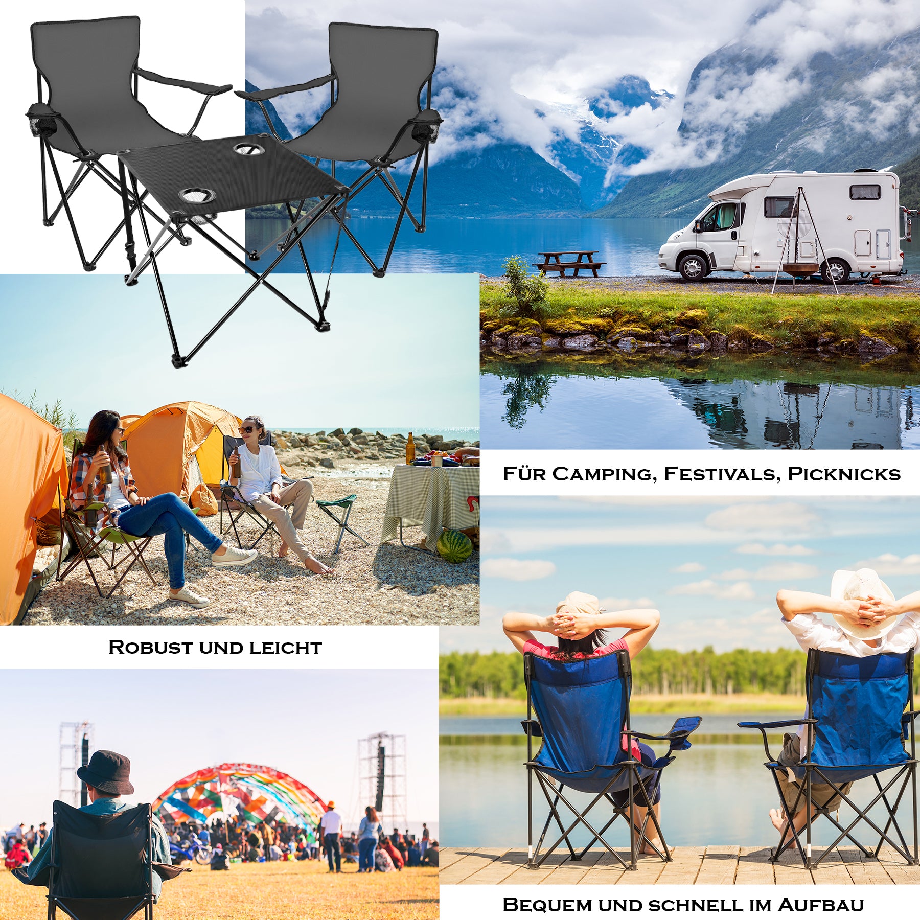 Campingtisch mit Stühlen dunkelgrau - Camping Tisch Stuhl Set Camping Stühle Campingstühle 2