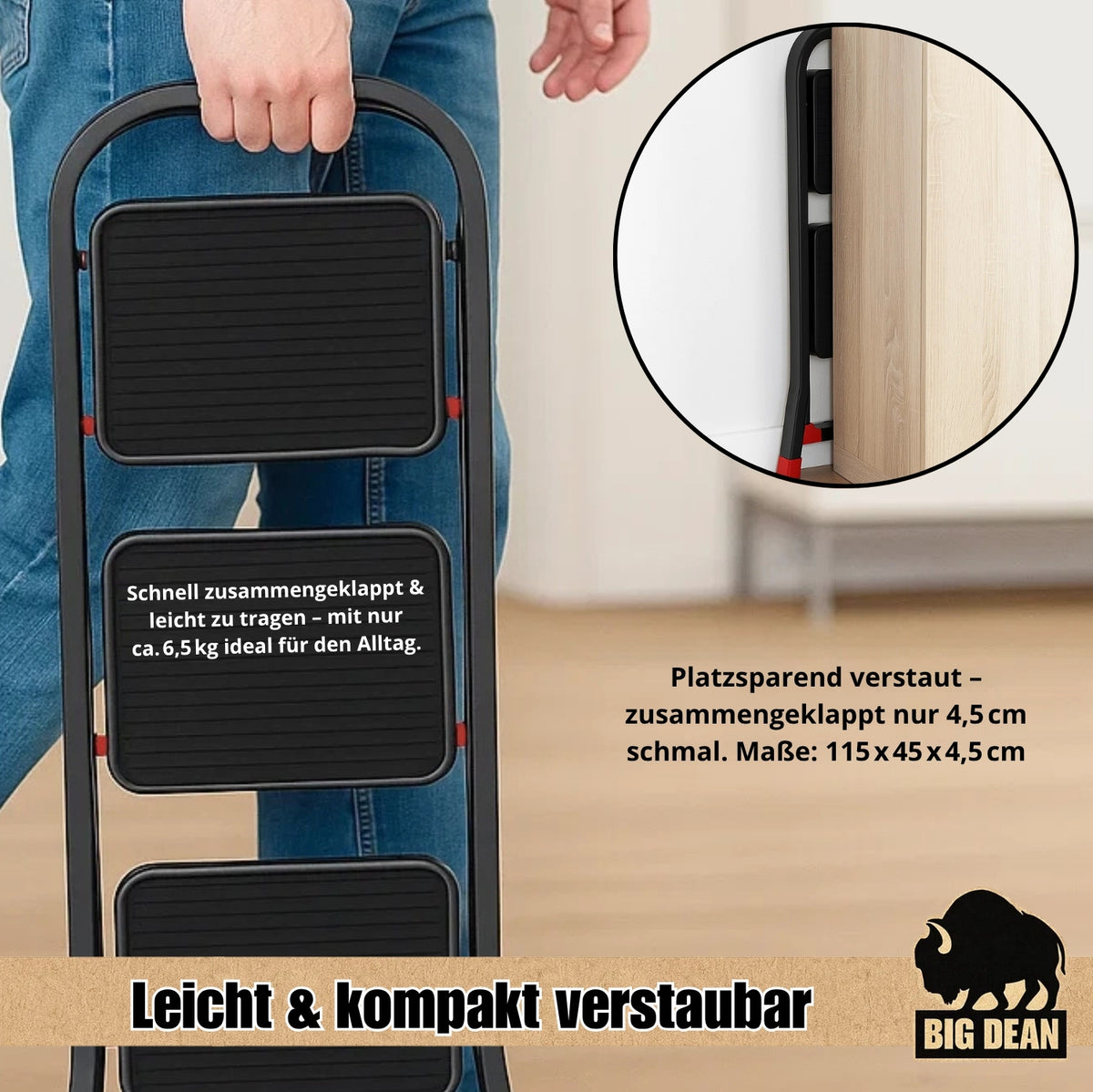 BigDean Trittleiter 3 Stufen klappbar TÜV geprüfte Sicherheit Leiter bis 150 kg belastbar Tritt klappbar Leiter 3 Stufen image 6