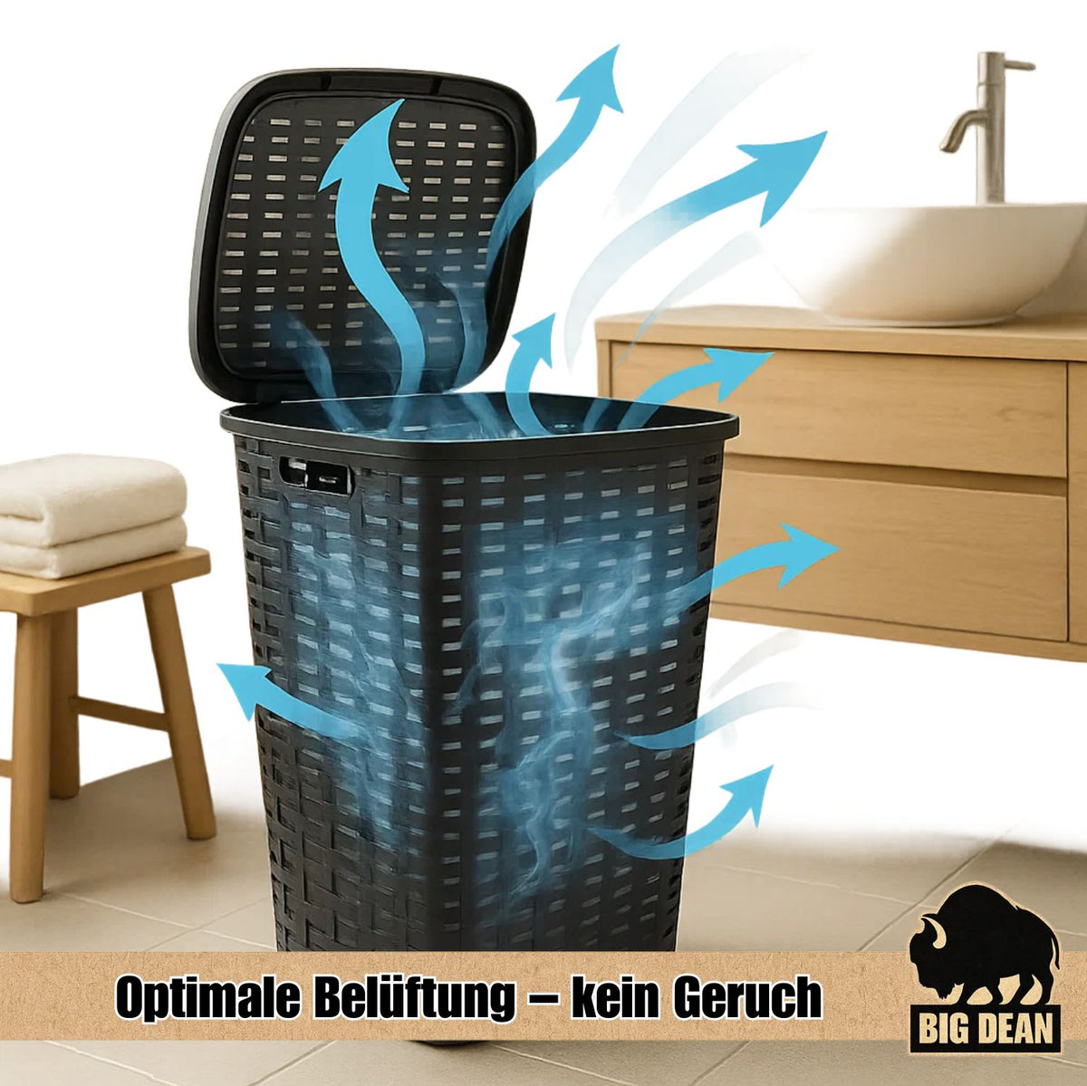 BigDean Wäschekorb mit Deckel anthrazit/bräunlich in Rattanoptik XL mit 2 Griffen Wäschetonne Plastik  image 3