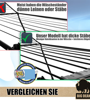 BigDean Wäscheständer Schwarz platzsparend X-Beine 20m extra hoch & dicke Leinen 2