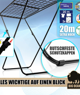 BigDean Wäscheständer Schwarz platzsparend X-Beine 20m extra hoch & dicke Leinen 4