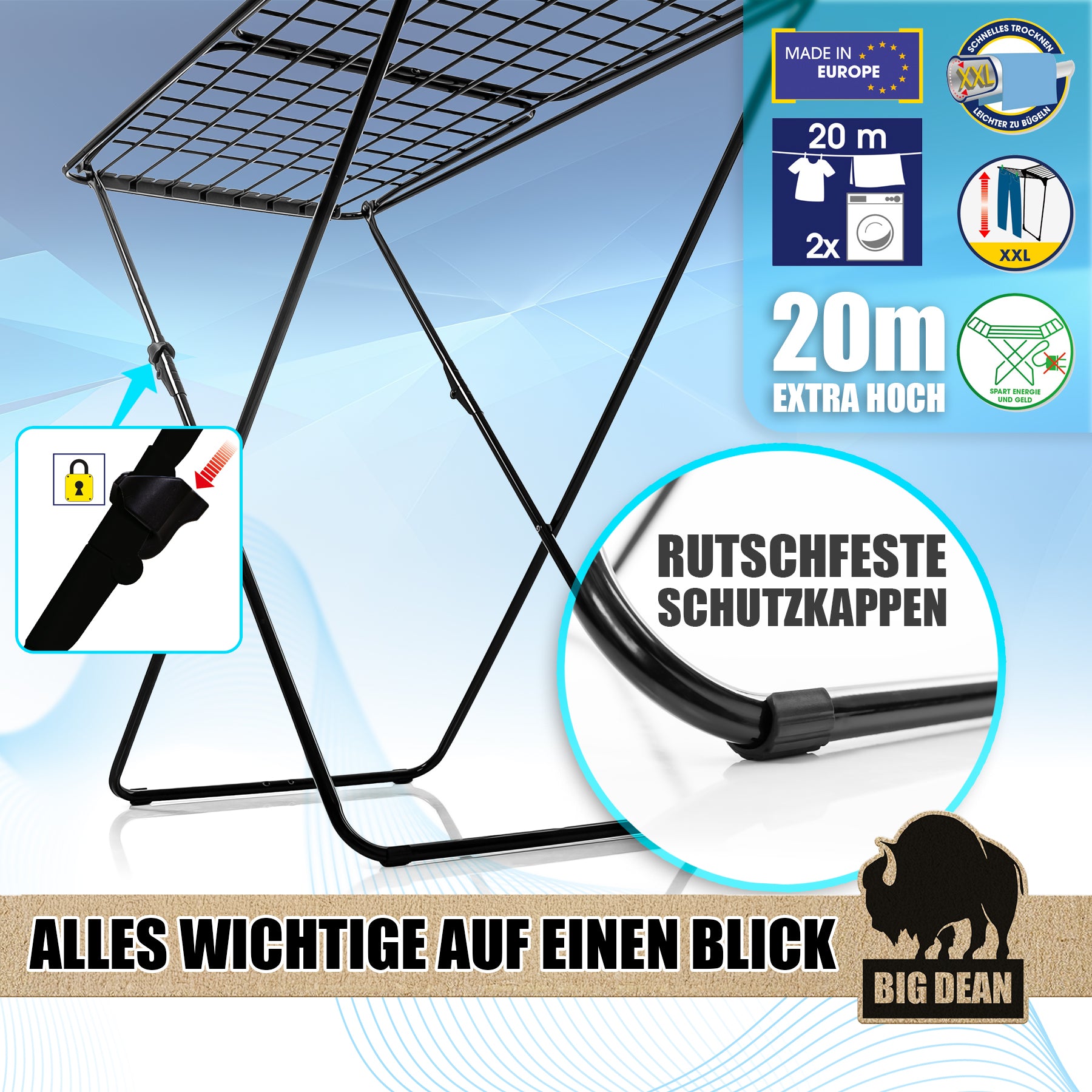 BigDean Wäscheständer Schwarz platzsparend X-Beine 20m extra hoch & dicke Leinen 4