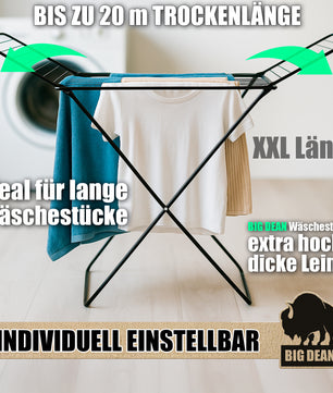 BigDean Wäscheständer Schwarz platzsparend X-Beine 20m extra hoch & dicke Leinen 5