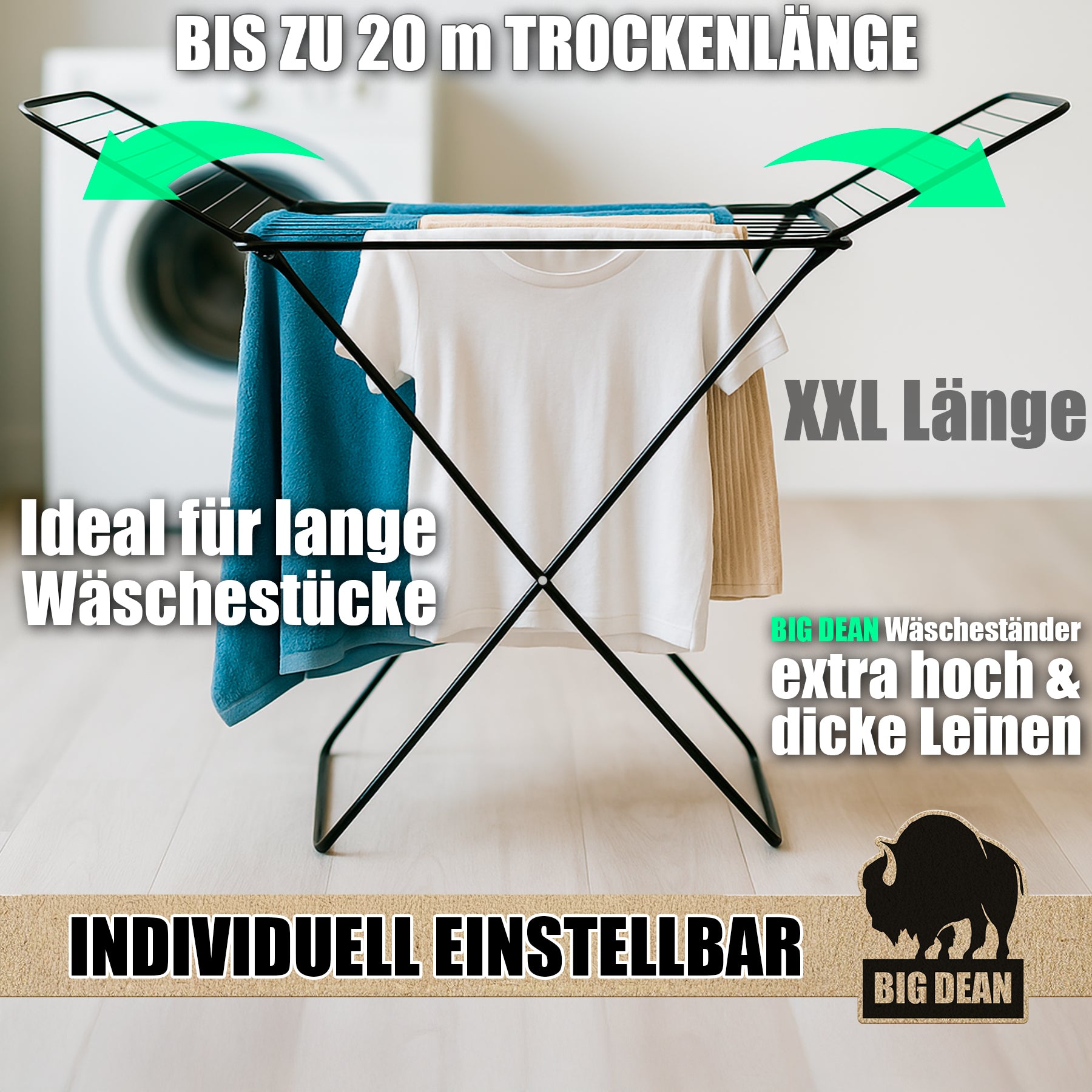 BigDean Wäscheständer Schwarz platzsparend X-Beine 20m extra hoch & dicke Leinen 5