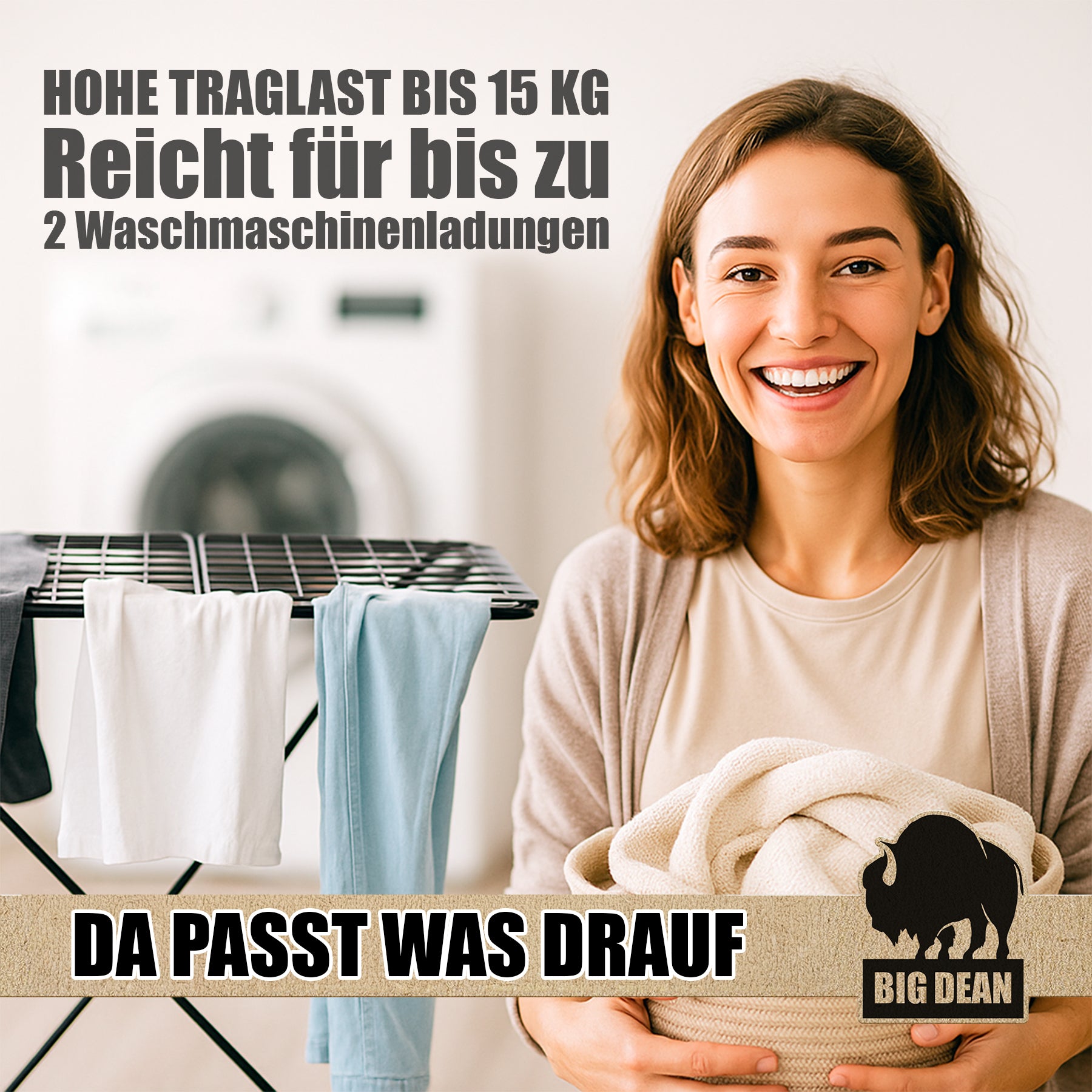 BigDean Wäscheständer Schwarz platzsparend X-Beine 20m extra hoch & dicke Leinen 6
