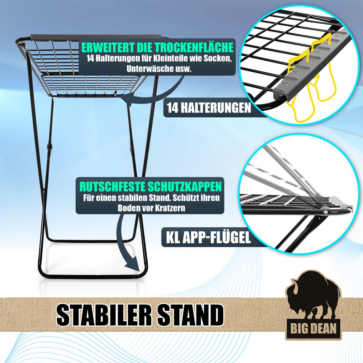 BigDean Wäscheständer 200 cm = 20m extra-hoch + dicke Leinen für einfacheres Bügeln - Wäscheständer XXL - Wäscheständer schwarz – Wäscheständer stabil X-Beine
 image 6