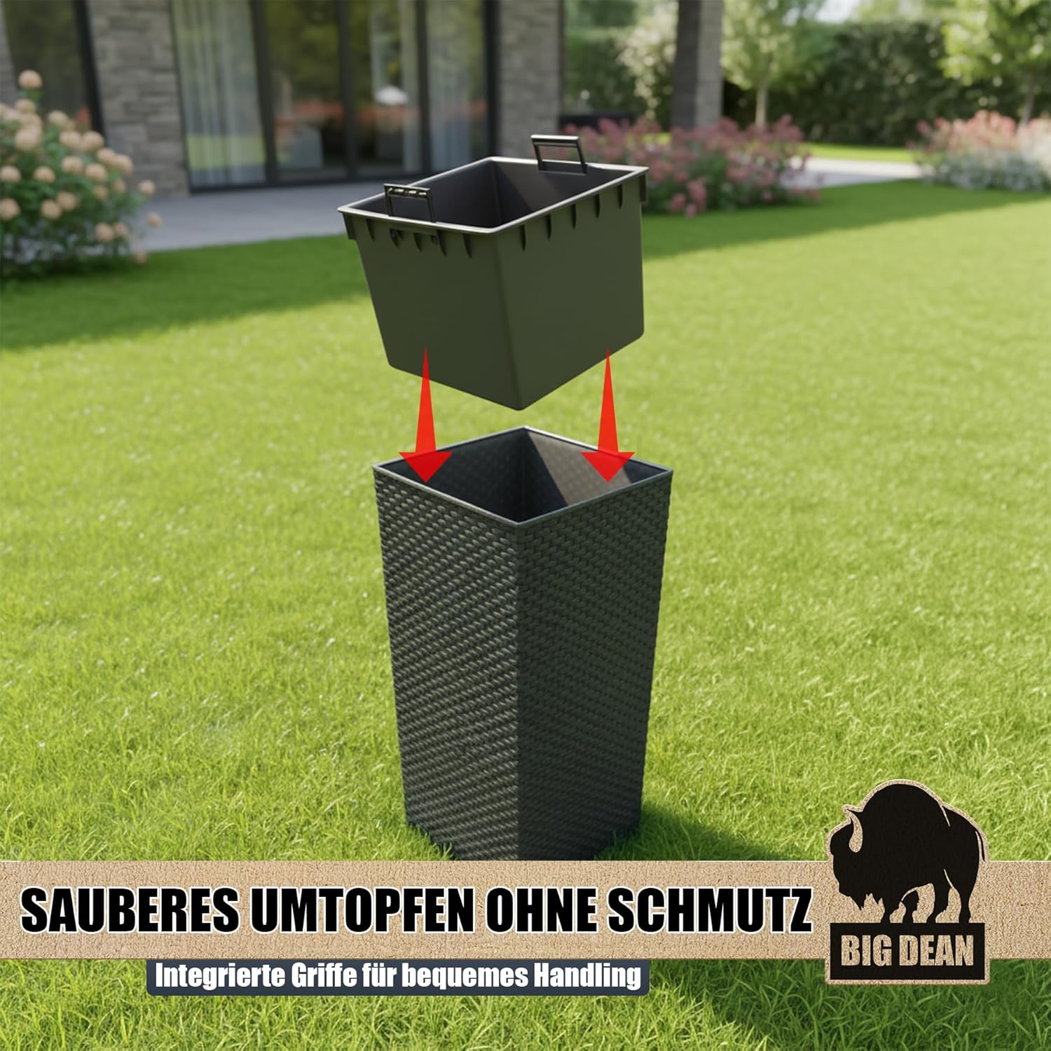 Blumentopf in Rattan-Optik Pflanzkübel mit Einsatz | 26,5 x 26,5 x 50 cm | anthrazit | wetterfest & UV-beständig | aus robustem Kunststoff | für Innen- und Außenbereich