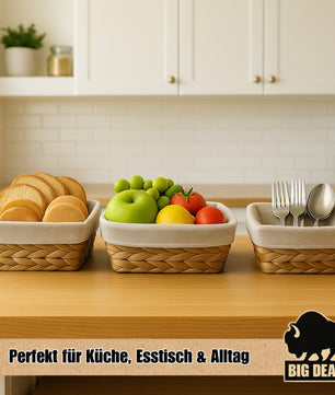 3er Set Brötchenkorb Brotkorb Brotkorb modern geflochten aus Seegras mit Leinentuch 2