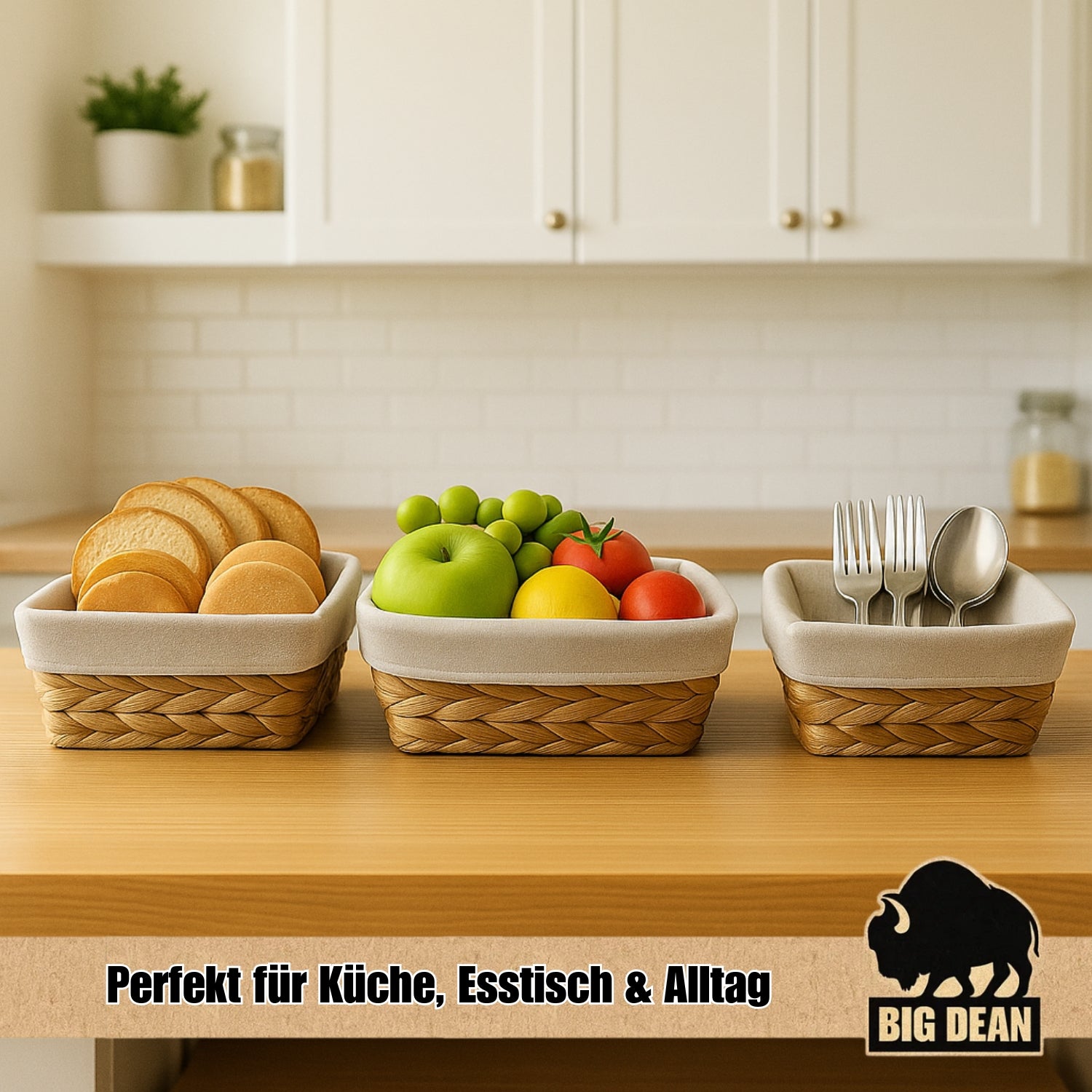 3er Set Brötchenkorb Brotkorb Brotkorb modern geflochten aus Seegras mit Leinentuch 2