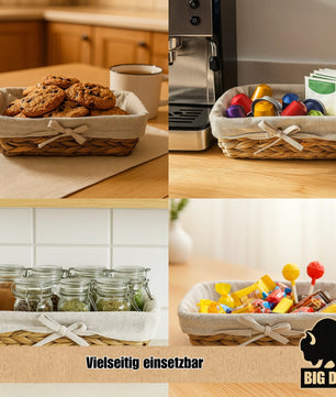 3er Set Brötchenkorb Brotkorb Brotkorb modern geflochten aus Seegras mit Leinentuch 4