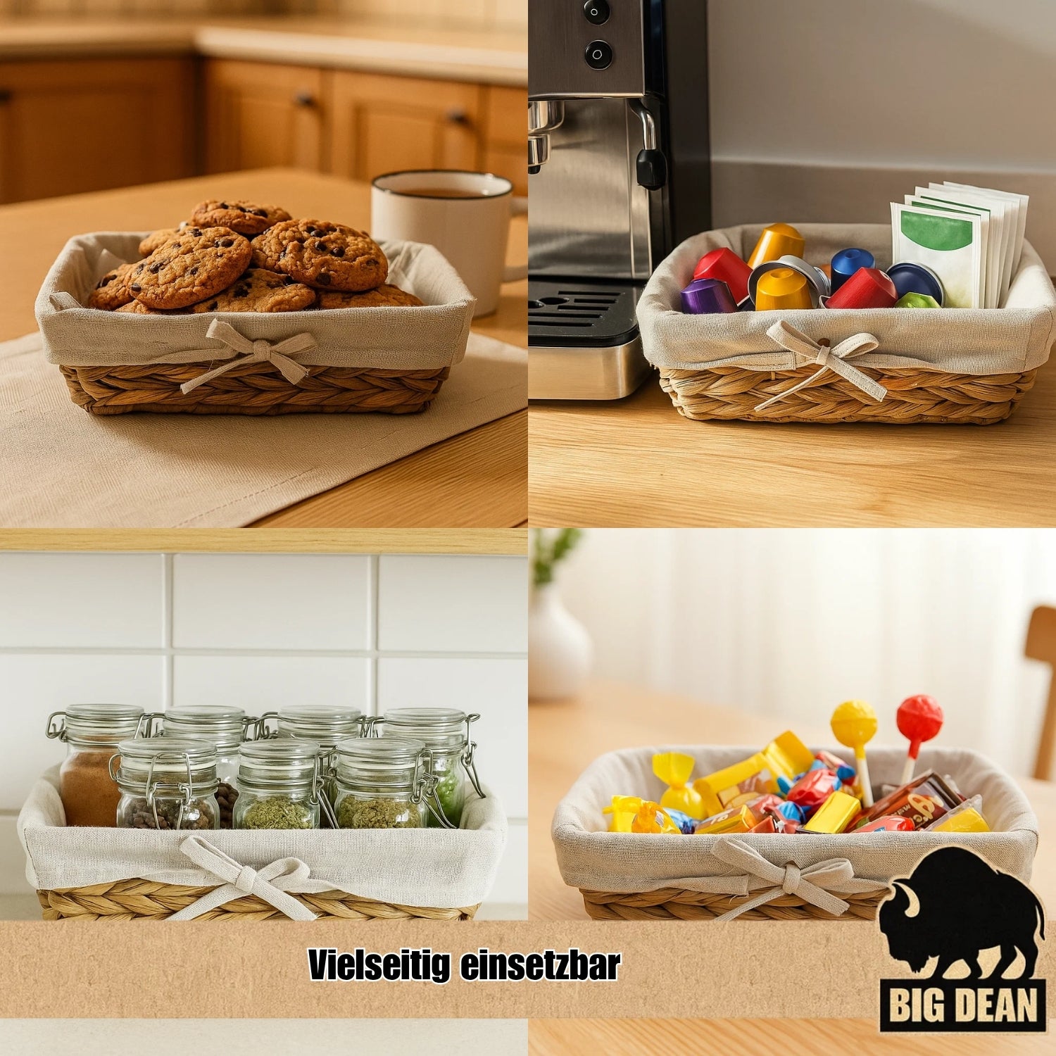 3er Set Brötchenkorb Brotkorb Brotkorb modern geflochten aus Seegras mit Leinentuch 4