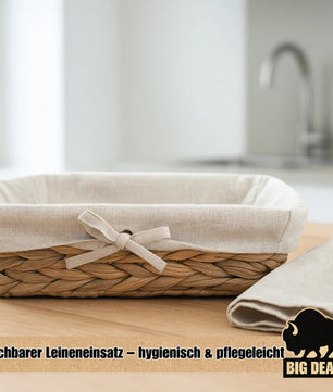 3er Set Brötchenkorb Brotkorb Brotkorb modern geflochten aus Seegras mit Leinentuch 5