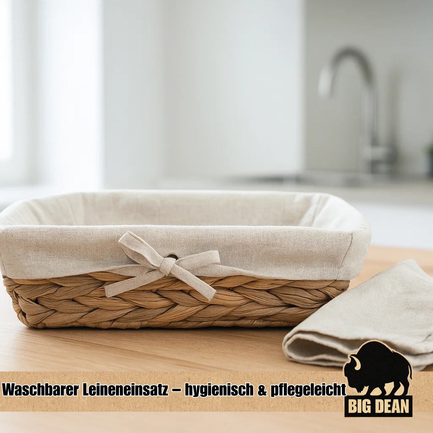 3er Set Brötchenkorb Brotkorb Brotkorb modern geflochten aus Seegras mit Leinentuch 5