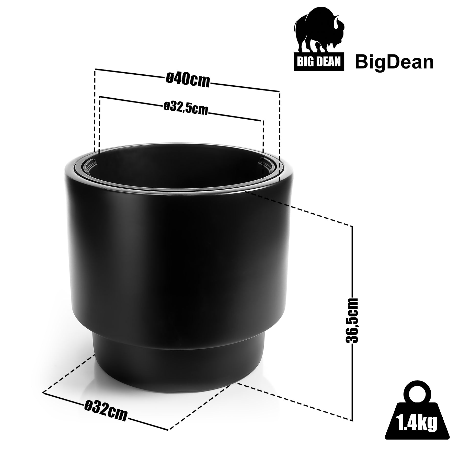 Blumentopf Design mit Einsatz rund ø 40 cm Schwarz – wetterfester Übertopf
