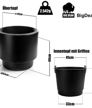 Blumentopf Design mit Einsatz rund ø 47 cm Schwarz – wetterfester Übertopf aus bruchsicherem 3