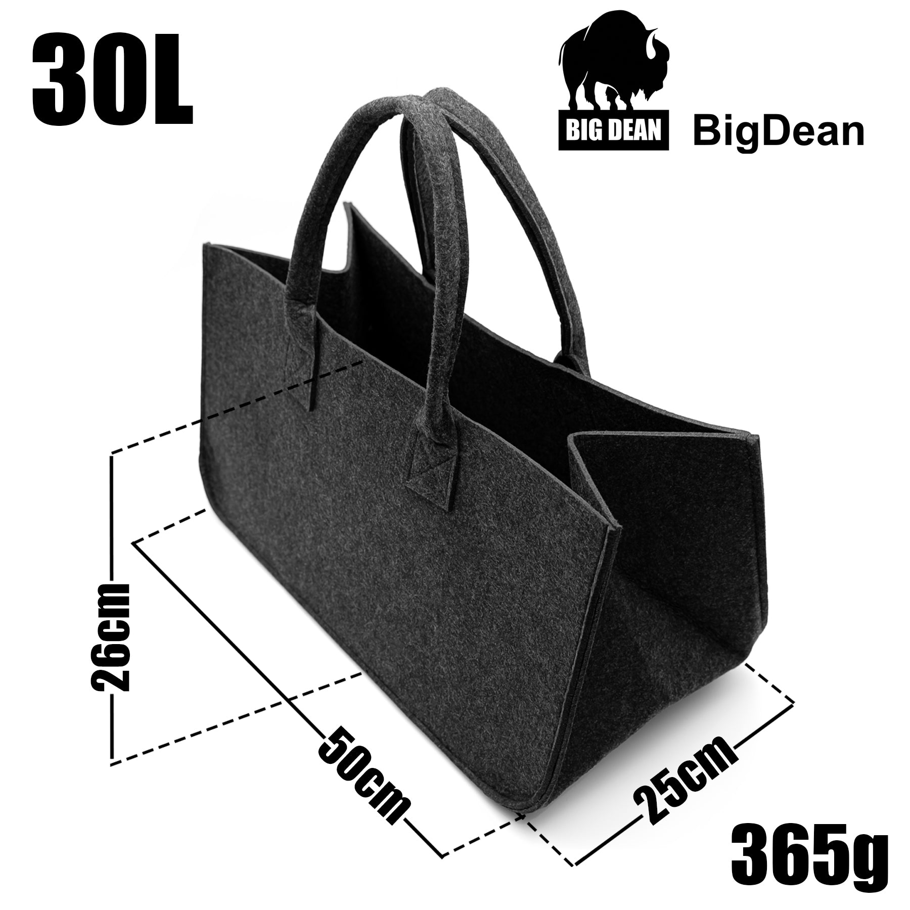 3 Stück Filztasche groß in Anthrazit für Kaminholz oder als Shopper verwendbar