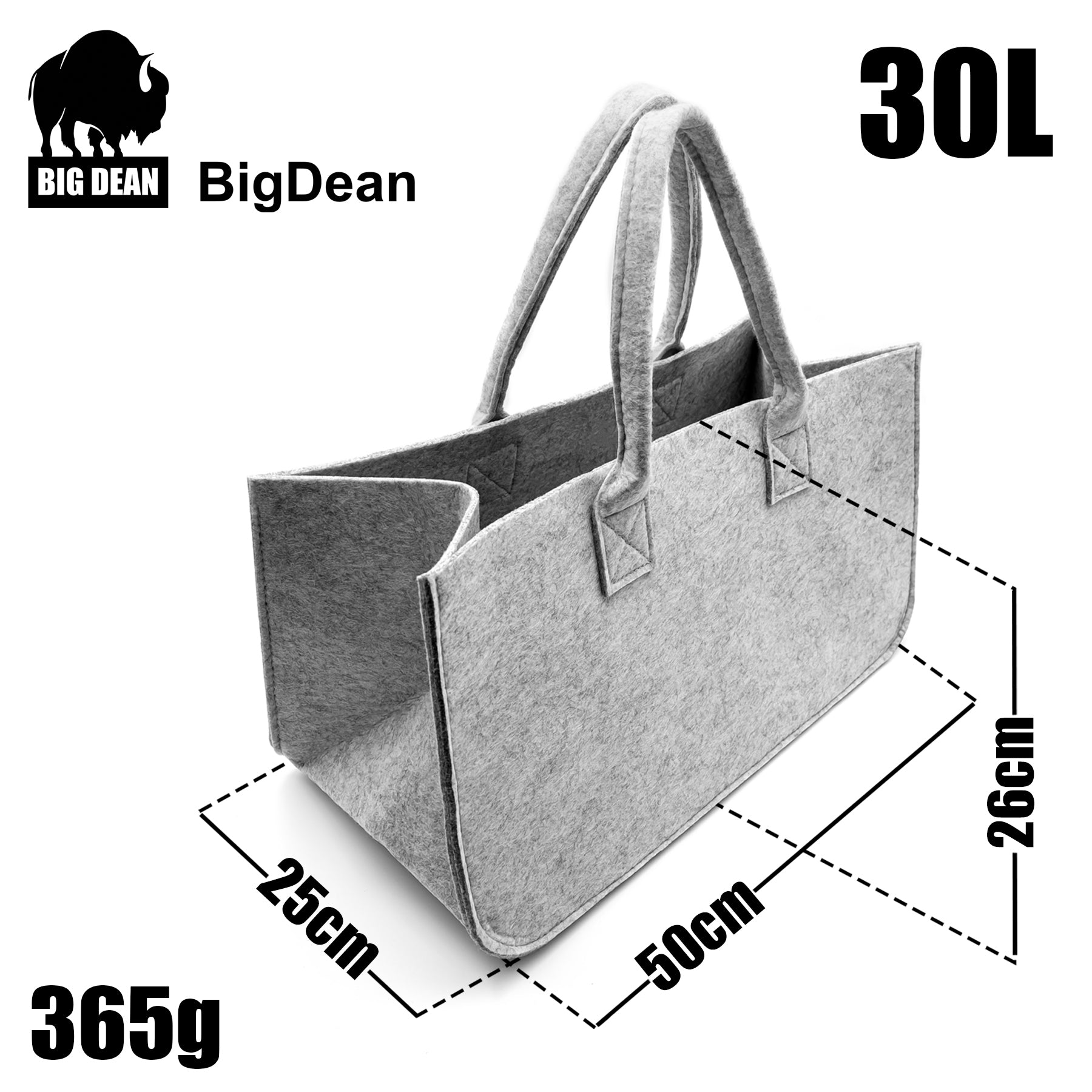 3 Stück Filztasche groß in Hellgrau für Kaminholz oder als Shopper verwendbar