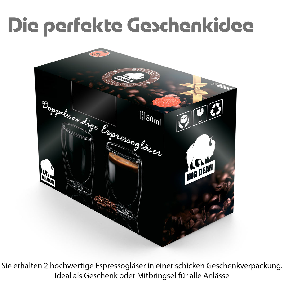 BigDean 2 Stück doppelwandige Espresso Gläser 80 ml in Gastro-Qualität - hochwertiges Espresso Glas Espressotassen Glas Set in Geschenkverpackung image 2