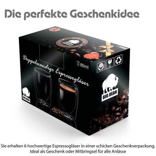 6 Stück doppelwandige Espressotassen 80 ml in Gastro-Qualität - Espressotassen Set