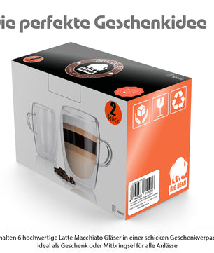 6 Stück doppelwandige Latte Macchiato Gläser mit Henkel 300 ml –  in Geschenkverpackung 4