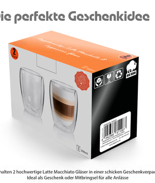2 Stück doppelwandige Latte Macchiato Gläser 300 ml – Kaffeegläser in Geschenkverpackung 2