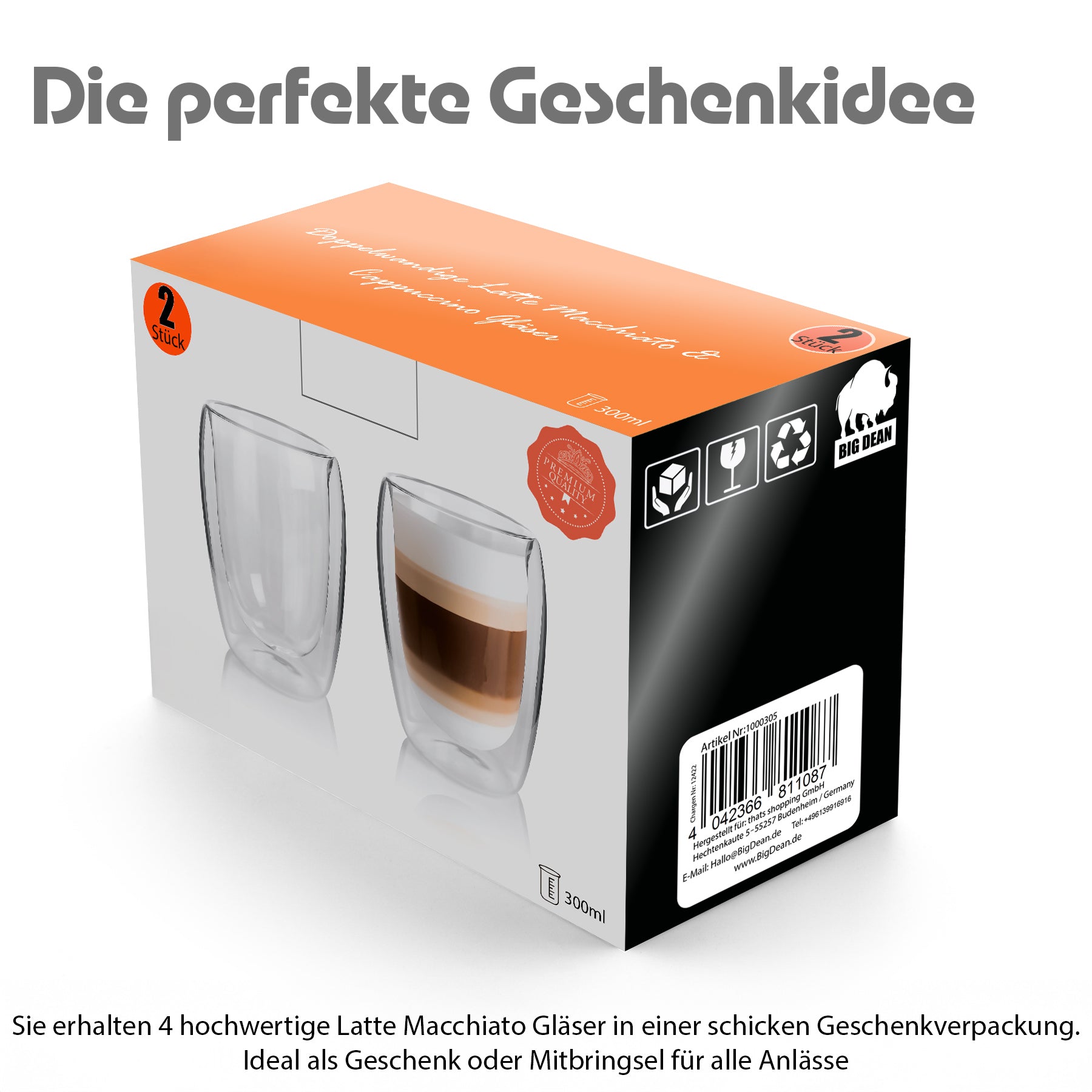 4 Stück doppelwandige Latte Macchiato Gläser 300 ml – Kaffeegläser in Geschenkverpackung     2