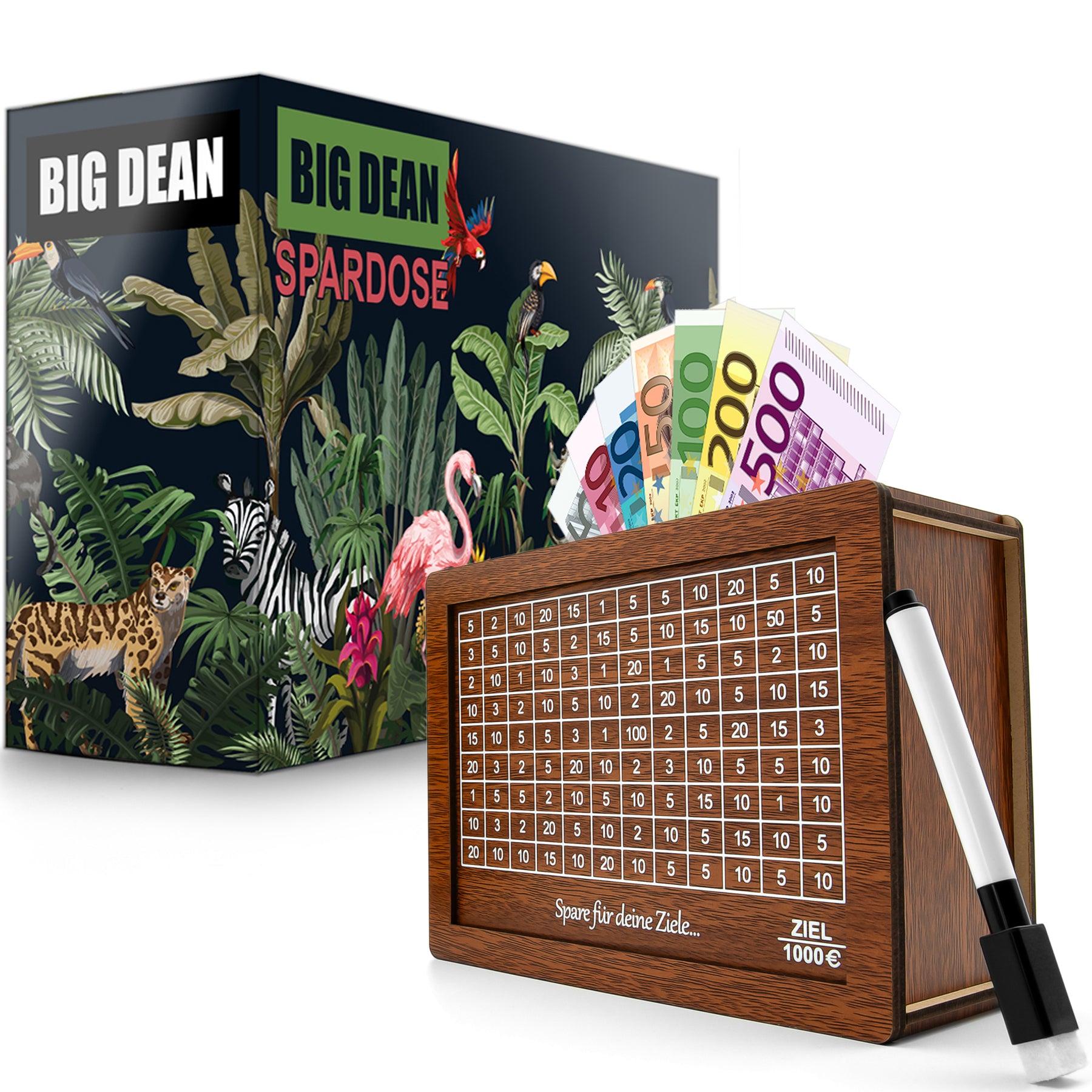 Spardose mit Ziel 1000€ aus Holz – Sparbox mit Geschenkverpackung