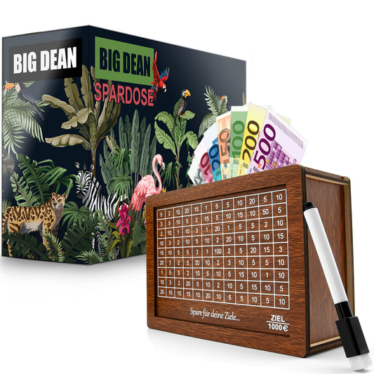 Spardose mit Ziel 1000€ aus Holz – Sparbox mit Geschenkverpackung