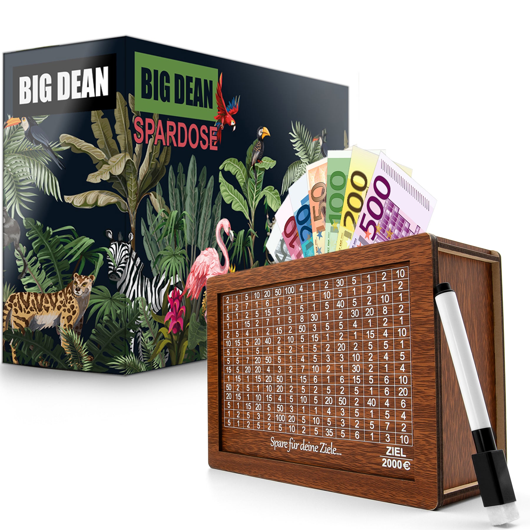 Spardose mit Ziel 2000€ aus Holz – Sparbox mit Geschenkverpackung