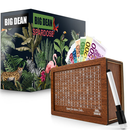 Spardose mit Ziel 2000€ aus Holz – Sparbox mit Geschenkverpackung
