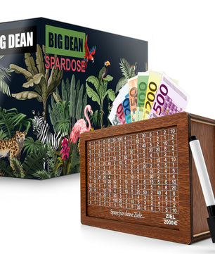 Spardose mit Ziel 2000€ aus Holz – Sparbox mit Geschenkverpackung