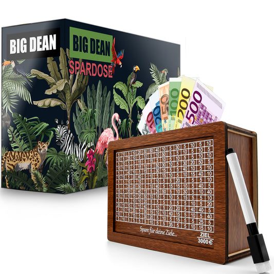 BigDean Spardose aus Holz mit Ziel 3000€  – fertig montiert,Wiederverwendbar Holzspardose mit Sparziel zum Ankreuzen  image 1