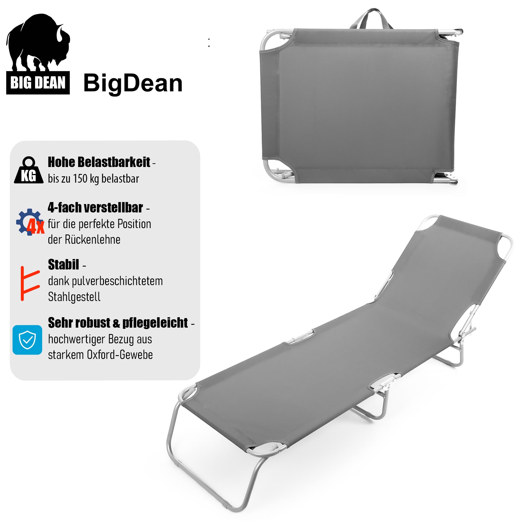 Sonnenliege klappbar 150 kg belastbar mit 4-fach verstellbarer Rückenlehne – hochwertige Gartenliege