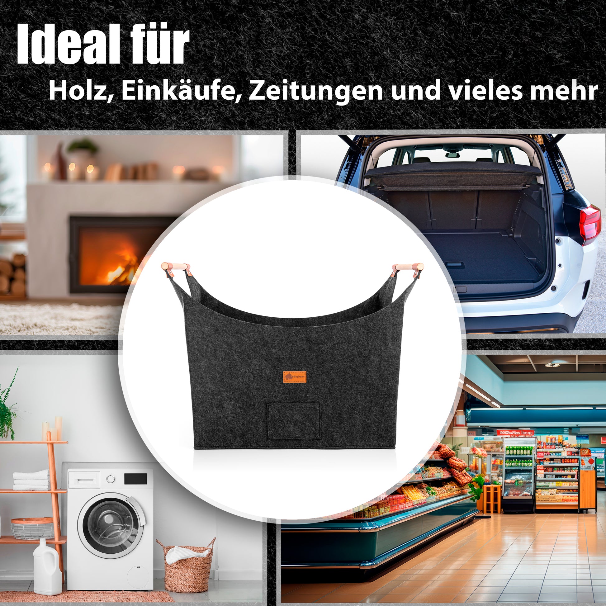 Holzkorb für Kaminholz belastbar bis 15kg – Brennholzkorb aus robustem Filz