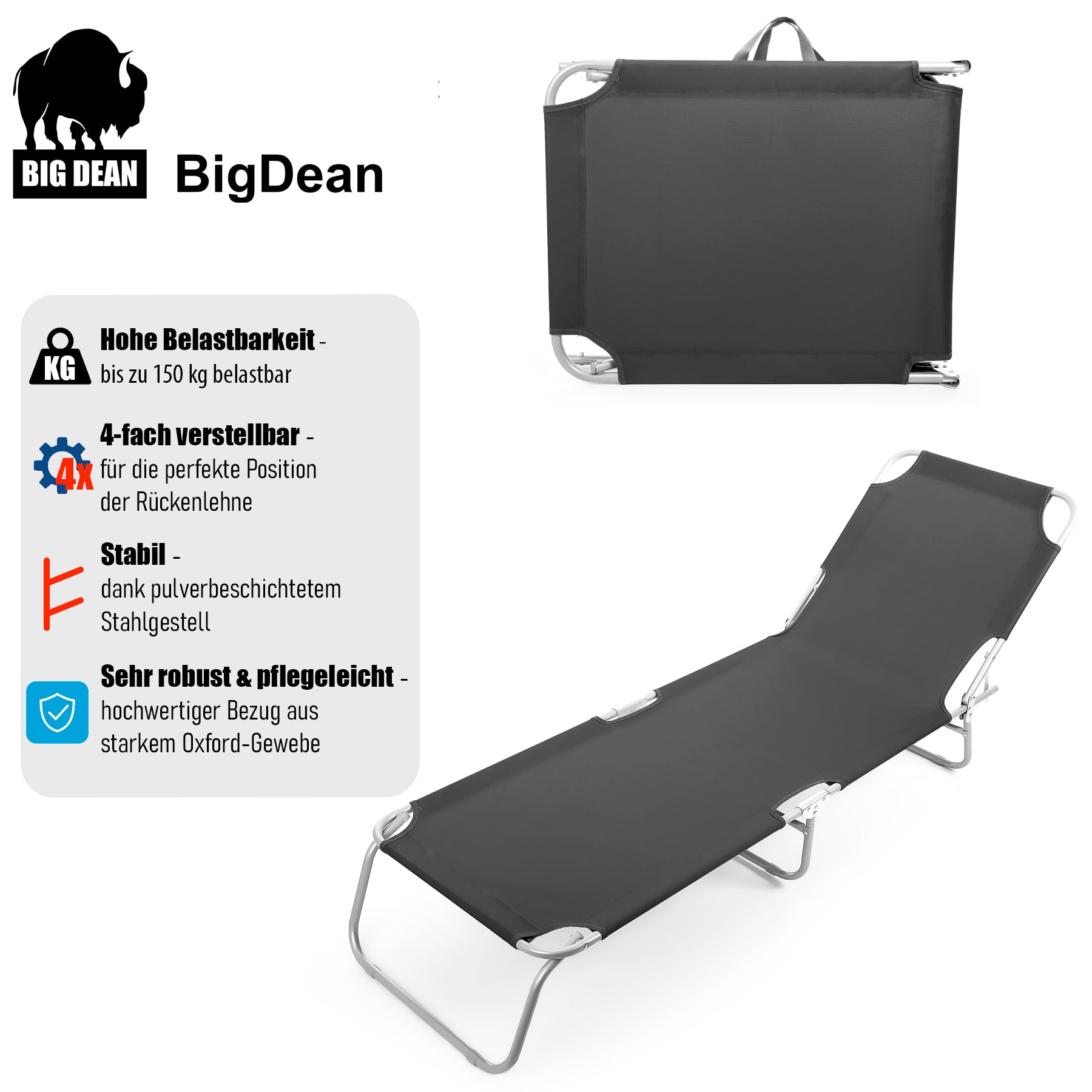 Sonnenliege klappbar 150 kg belastbar mit 4-fach verstellbarer Rückenlehne