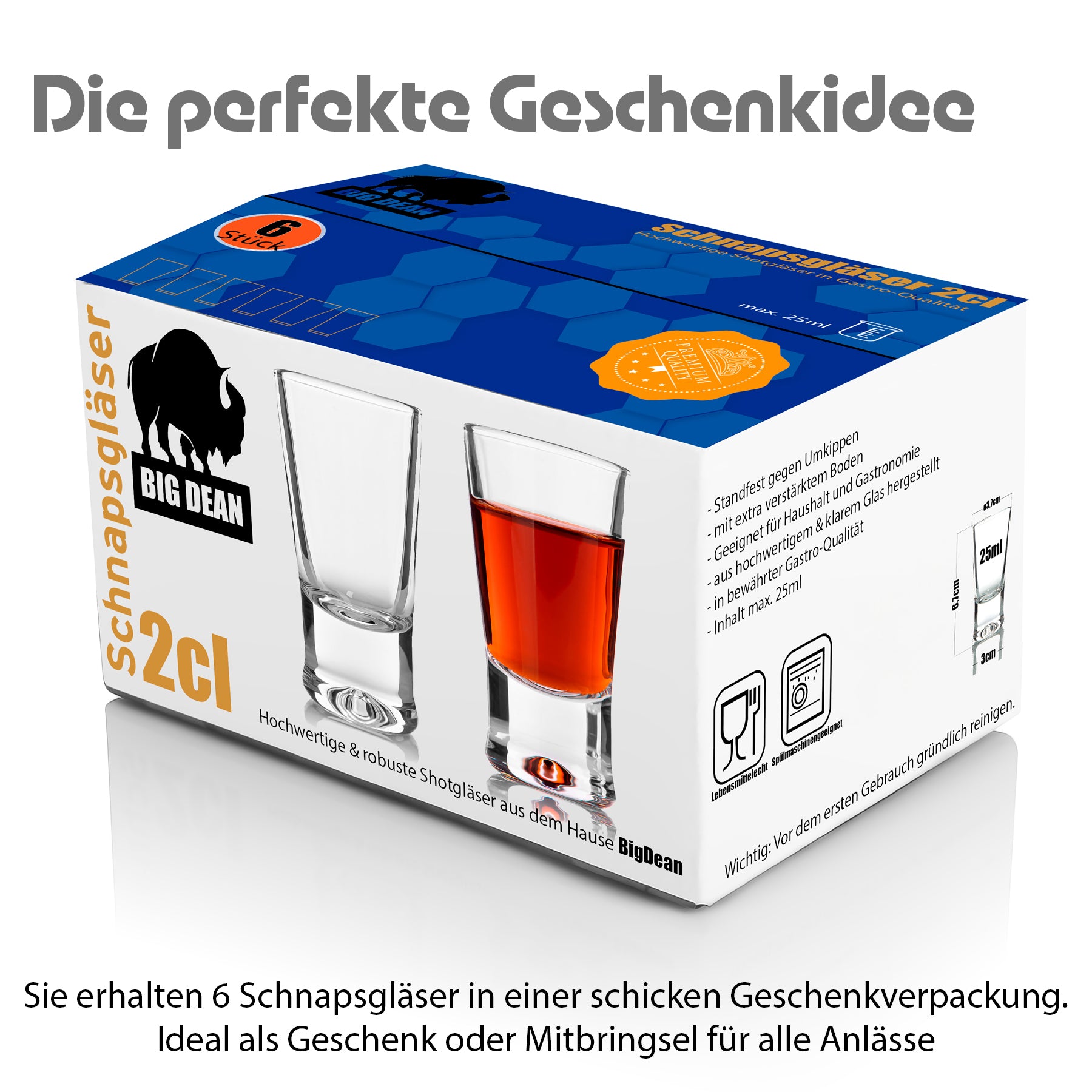 6 Stück Schnapsgläser 2cl in Geschenkbox – hochwertige Shotgläser lebensmittelecht 2