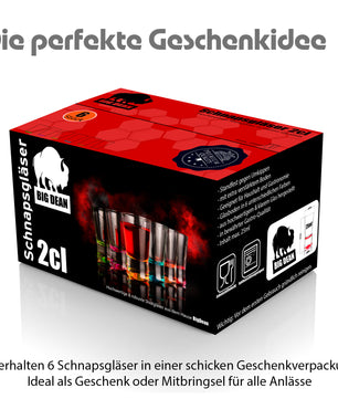 6 Stück farbige Schnapsgläser 2cl in Geschenkbox – hochwertige Shotgläser lebensmittelecht 2