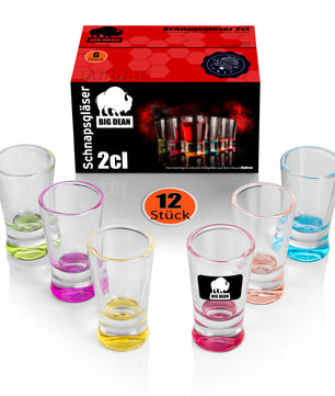 12 Stück farbige Schnapsgläser 2cl in Geschenkbox – hochwertige Shotgläser lebensmittelecht
